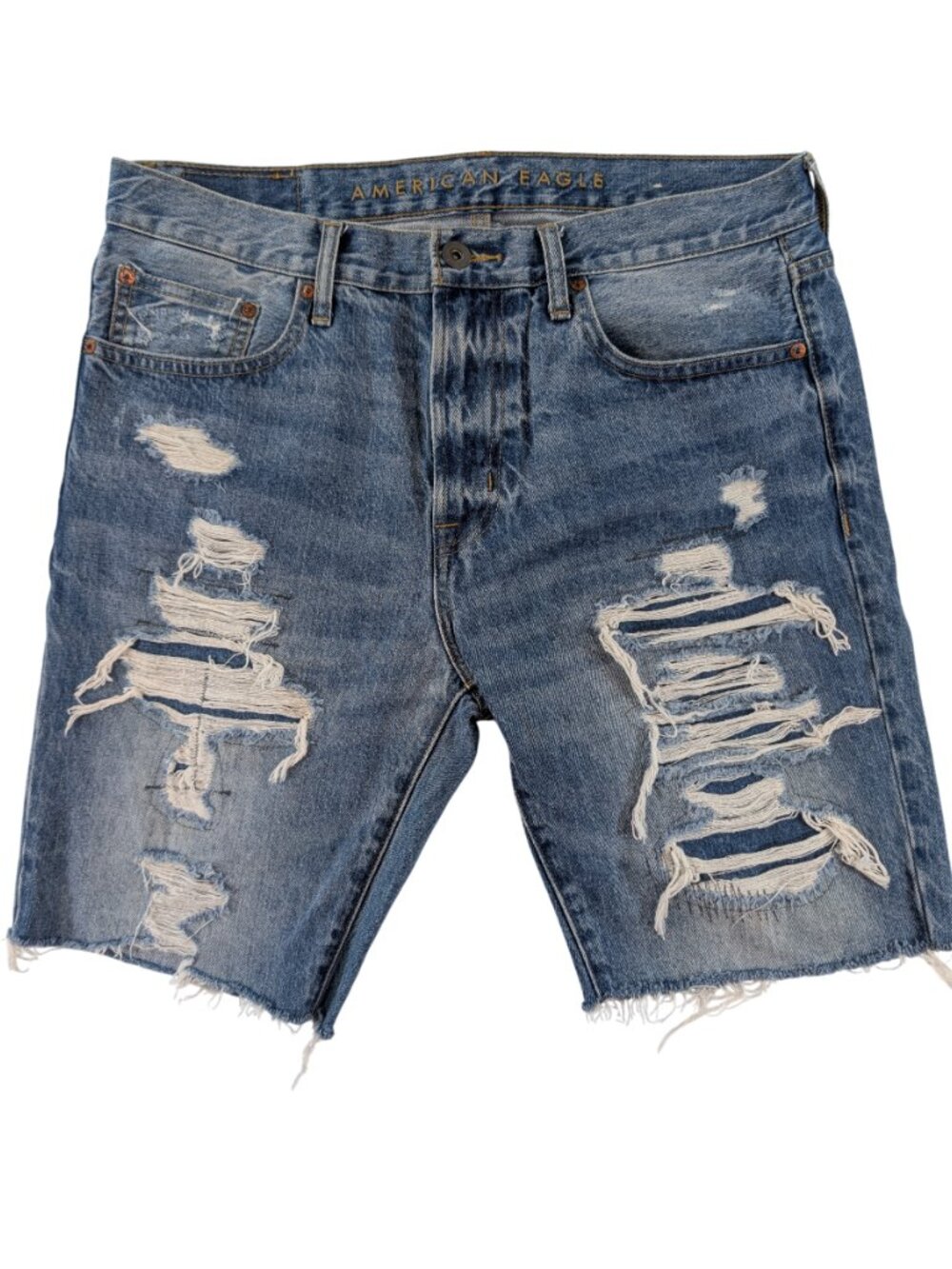 American Eagle Mens Distressed Ripped Denim Shorts Sz 32 Blue Jorts Knee Length